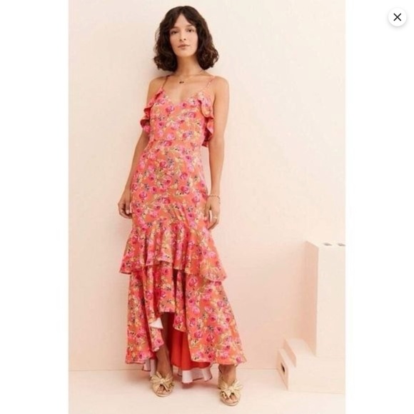 Anthropologie - Keepsake the Label - For Me Orange Floral Ruffle Trim Satin Gown - Picture 1 of 9